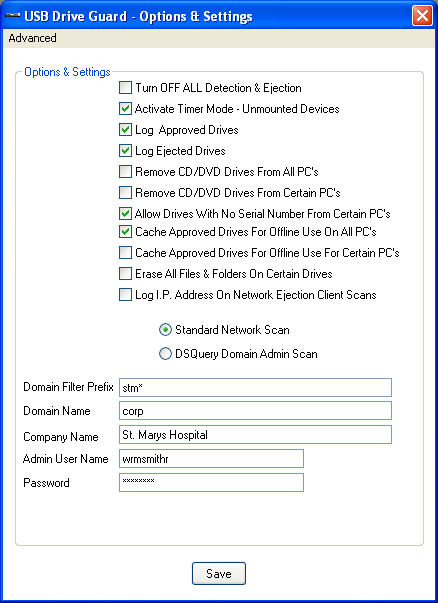 USB Drive Guard window that allows you to change options in the application